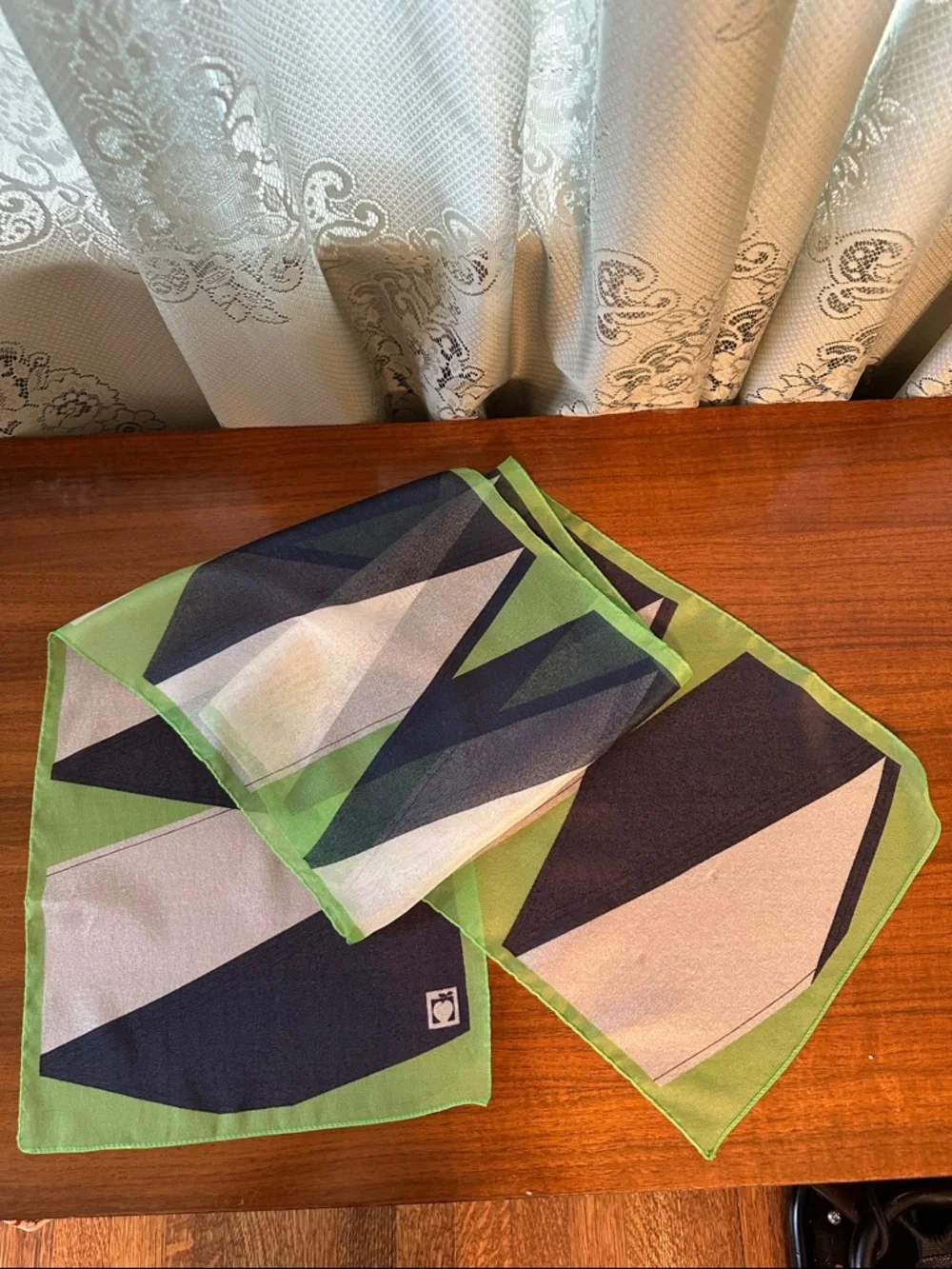 Vintage Green, Navy Blue & White Geometric Pattern Polyester‎ Long Scarf